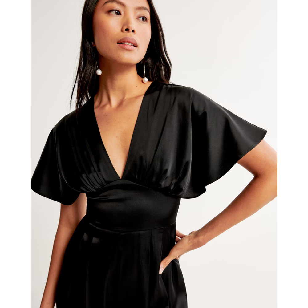 NWT Abercrombie & Fitch Angel Sleeve Satin Jumpsuit Black XSP X-Small Petite - Picture 6 of 14